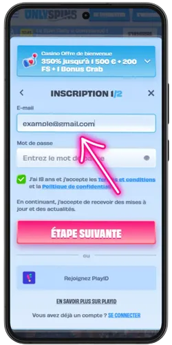Saisie de l'adresse e-mail et du mot de passe sur Onlyspins